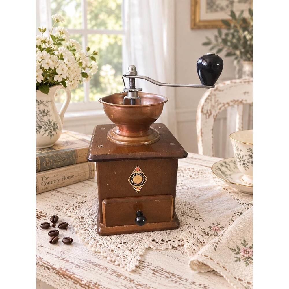 Vintage West Germany Hand Crank Coffee Grinder Wood & Copper 1950s–60s